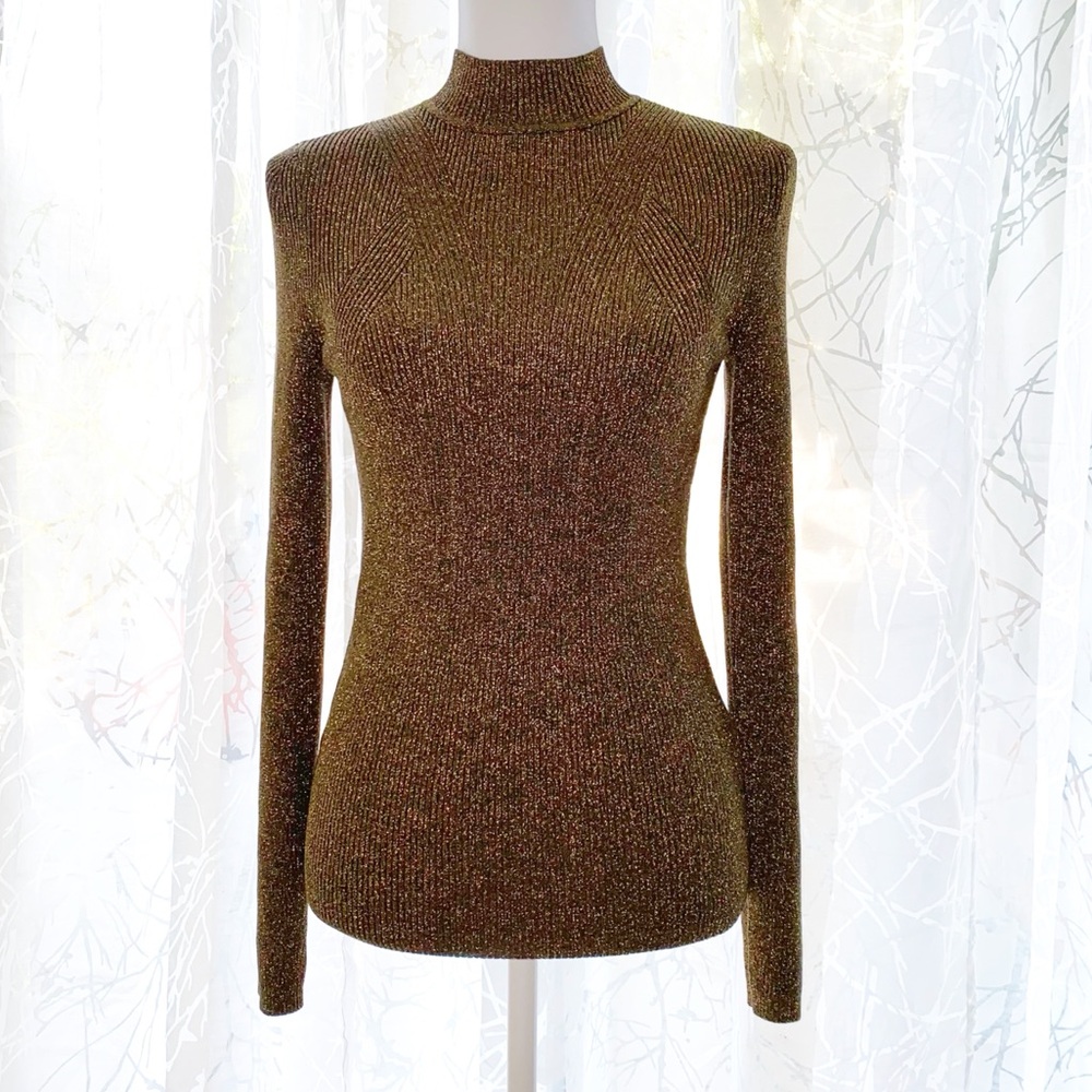 SANDRO gold black ribbed knit lurex high mock neck sweater